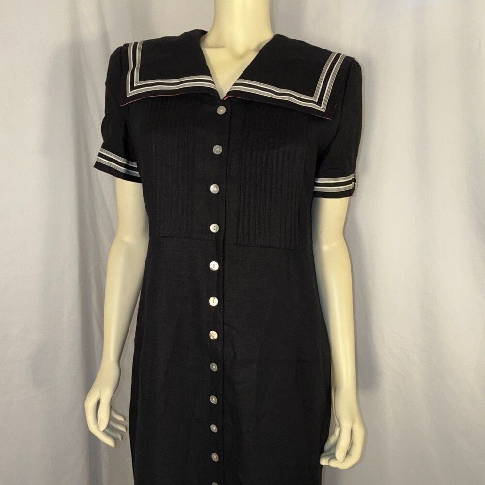 Vintage 90s Jessica Howard Petite Black Linen Blend Sailor Midi Dress Nautical P - Picture 6 of 16